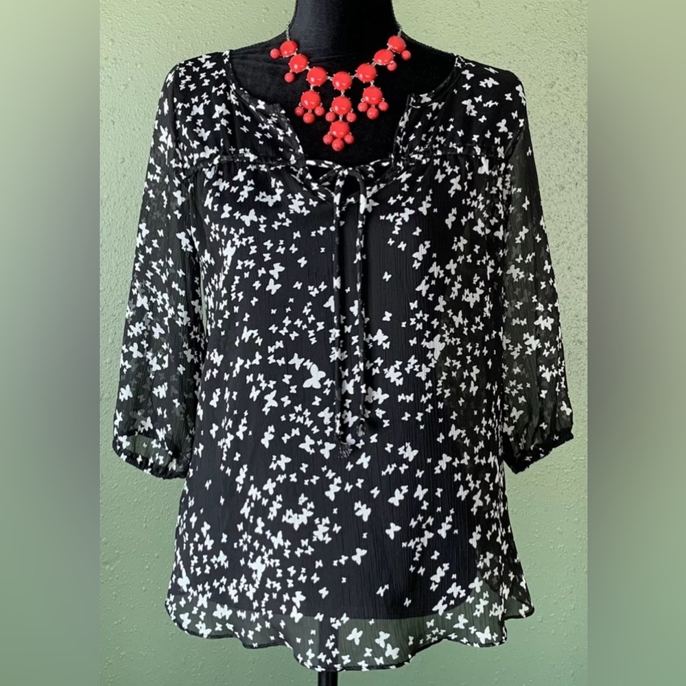 Vanity Black White Butterfly Print Lace 3/4 Sleeve Lightweight Shirt Size Medium